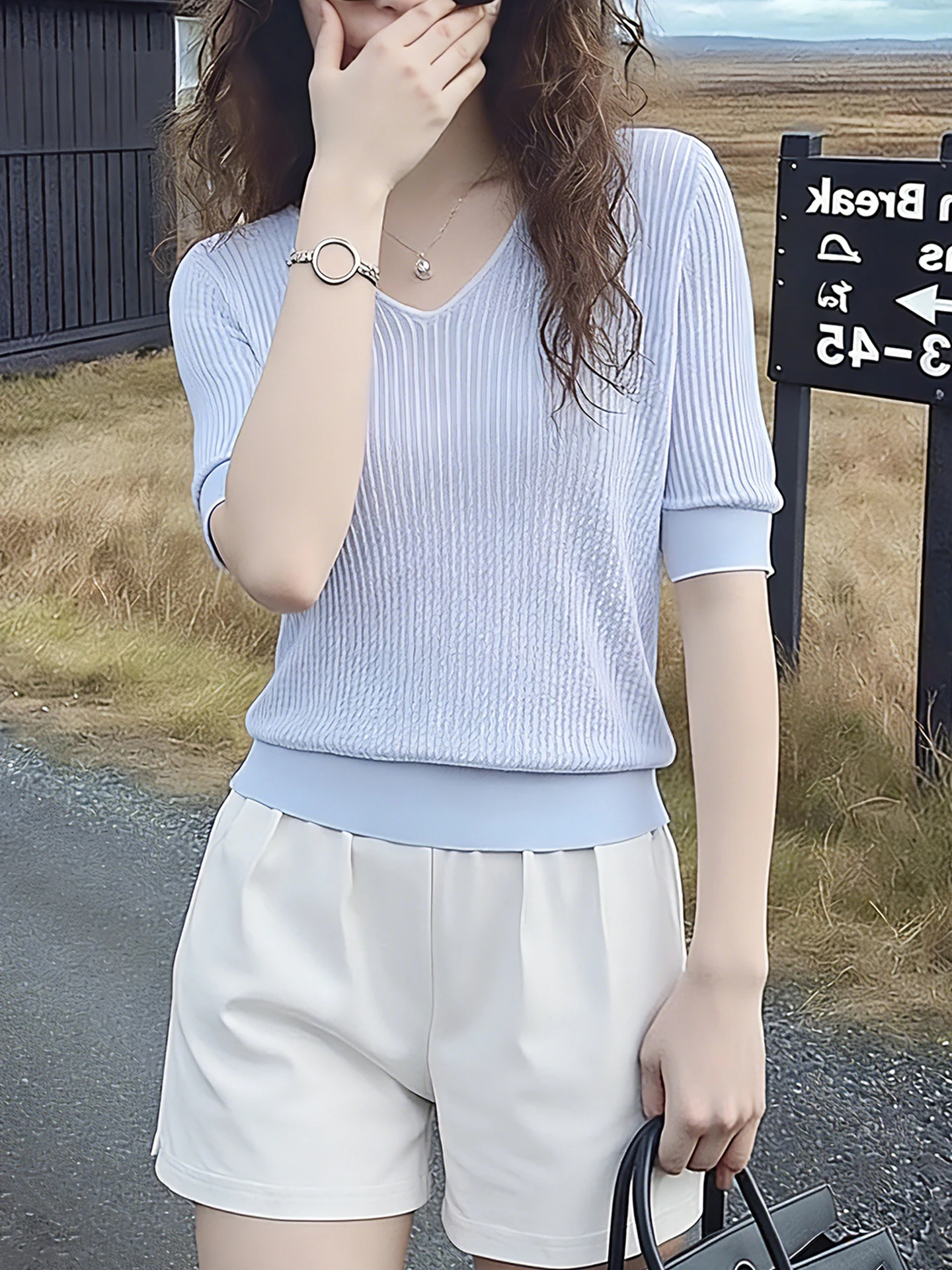 V-Neck Short Sleeve Knitted Shirt Slim Fit Fashionable Maturity Style Soft Ladies Top Spring Summer Elegant Casual Shirt