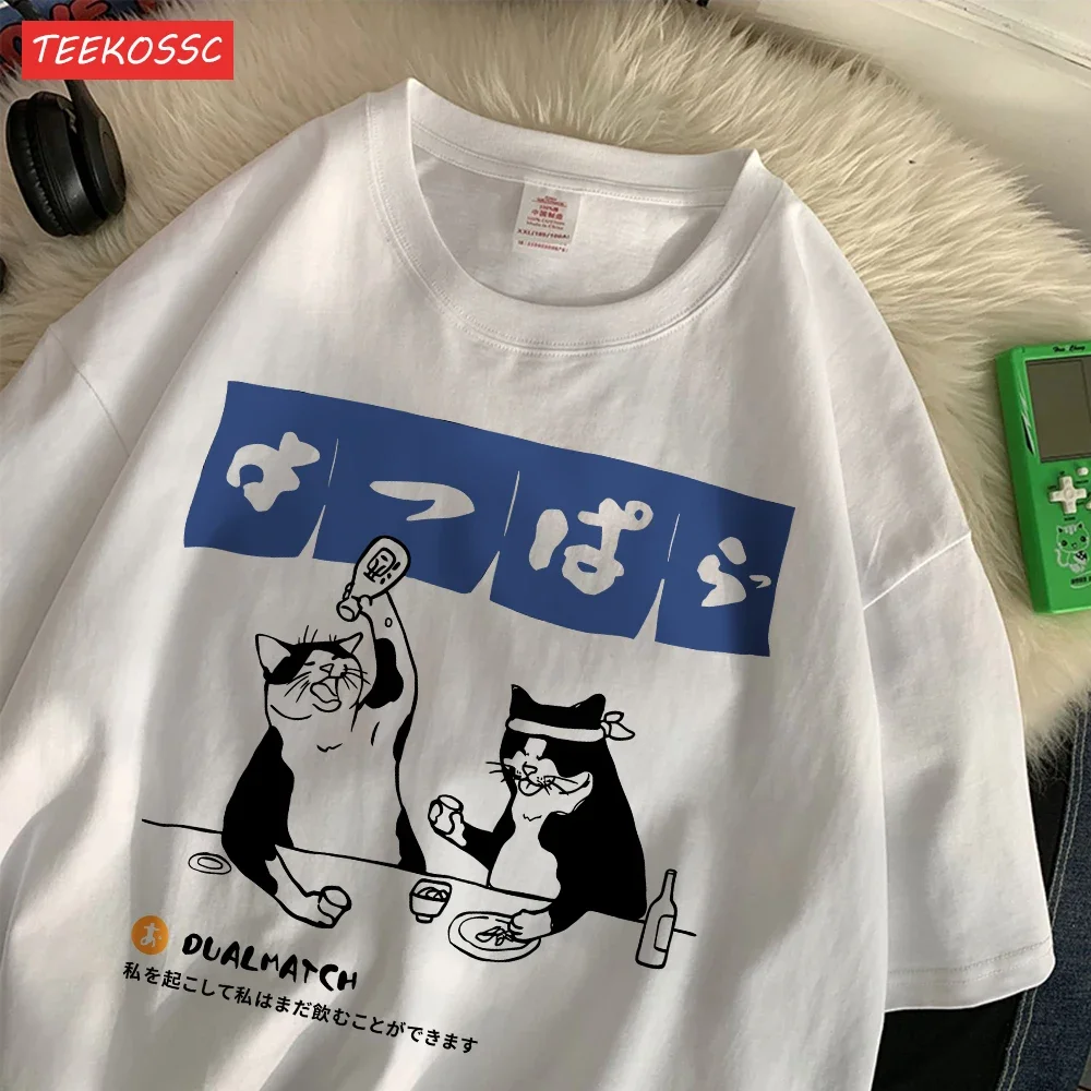 Summer Women T-Shirts Original Japanese Retro Cat Printed Short Sleeve O-Neck Breathable Loose Tops Casual Female Clothes