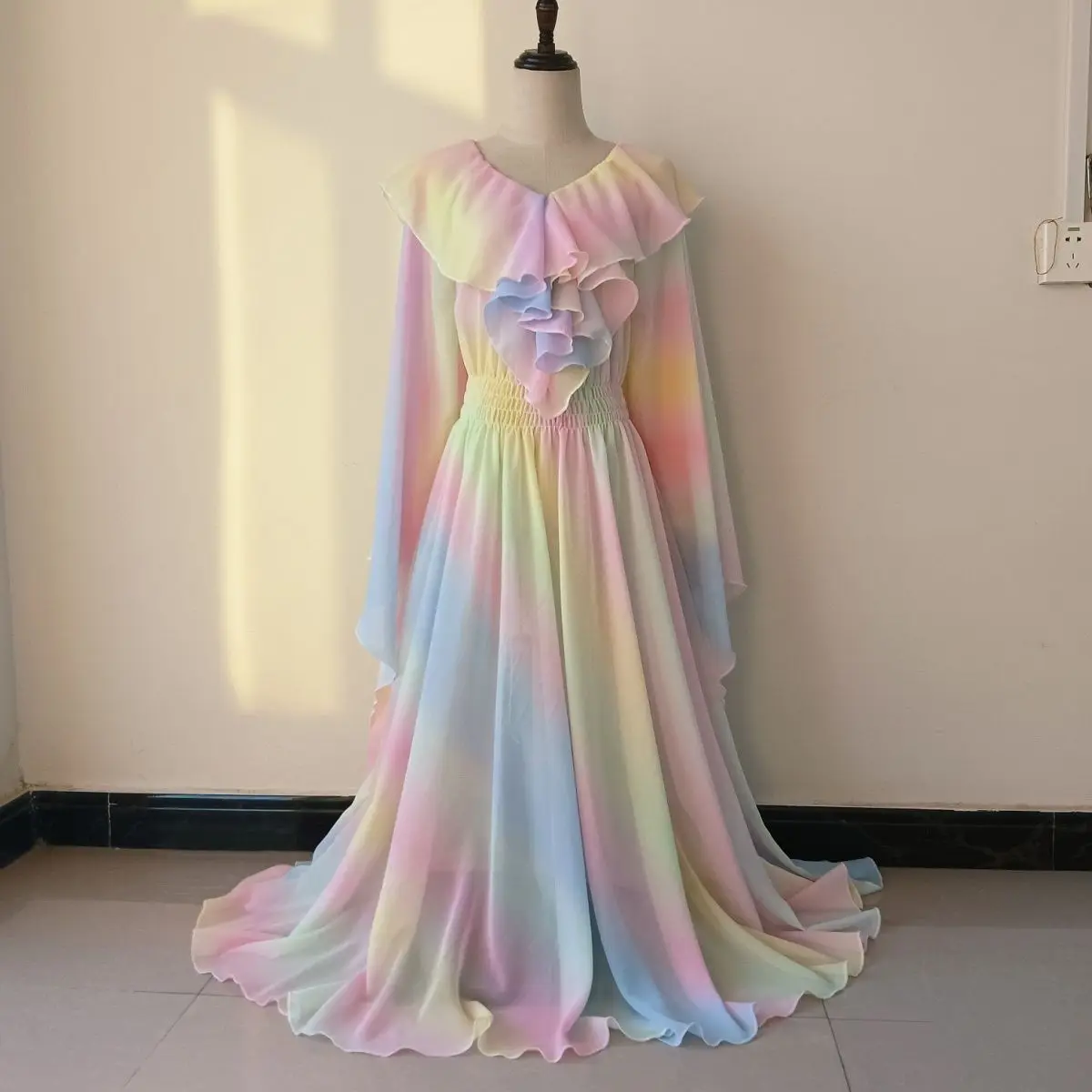 女性用メッシュボイルレインボーロングドレスゆったりパジャママキシ丈ワンピースプルオーバーエレガントドレス寝間着