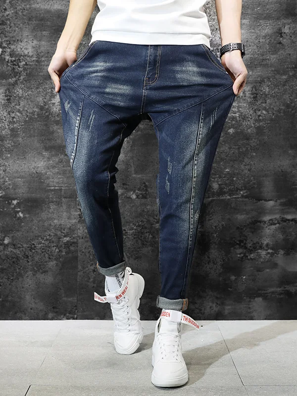 

Retro Waed Blue Jeans Men's Slim Fit Cuffed Trendy Pants mid Waist Zipper Closure Comfortable Denim Fabric Winter Suitable