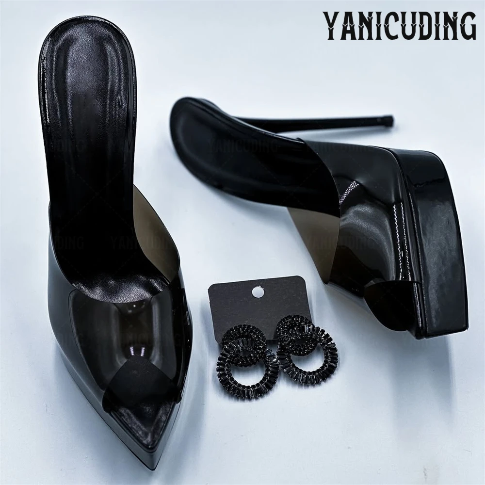 

Black PVC Pointed Peep Toe Mules Sexy Platform Stilettos Fashionable Slip-On Summer Sandals for Women Customizable Colors Heels