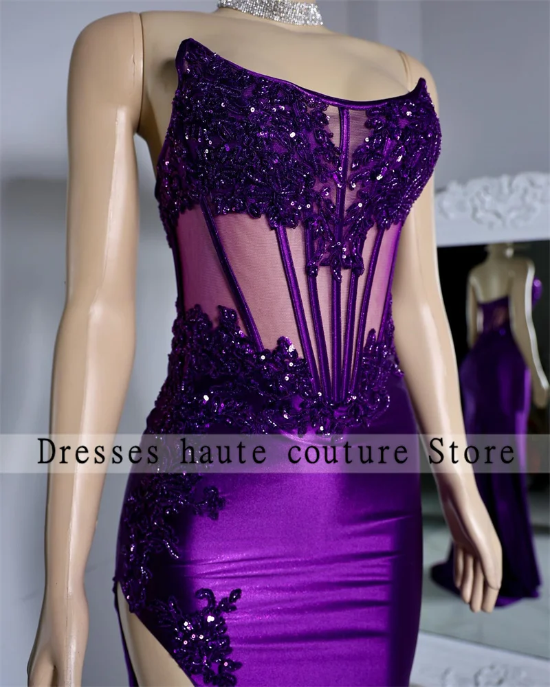 Purple Lace Appliques Mermiad Long Prom Dresses For Black Girl 2025 Crystals Side Slit Customized Birthday Party Gowns