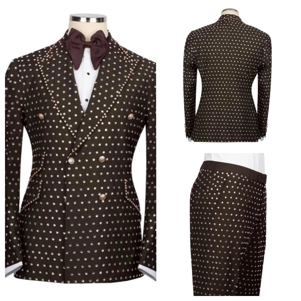 

Luxurious Crystals Men Suits 2 Pieces Peaked Lapel Double Breasted Jacket Blazers Business Occasion Party Customized