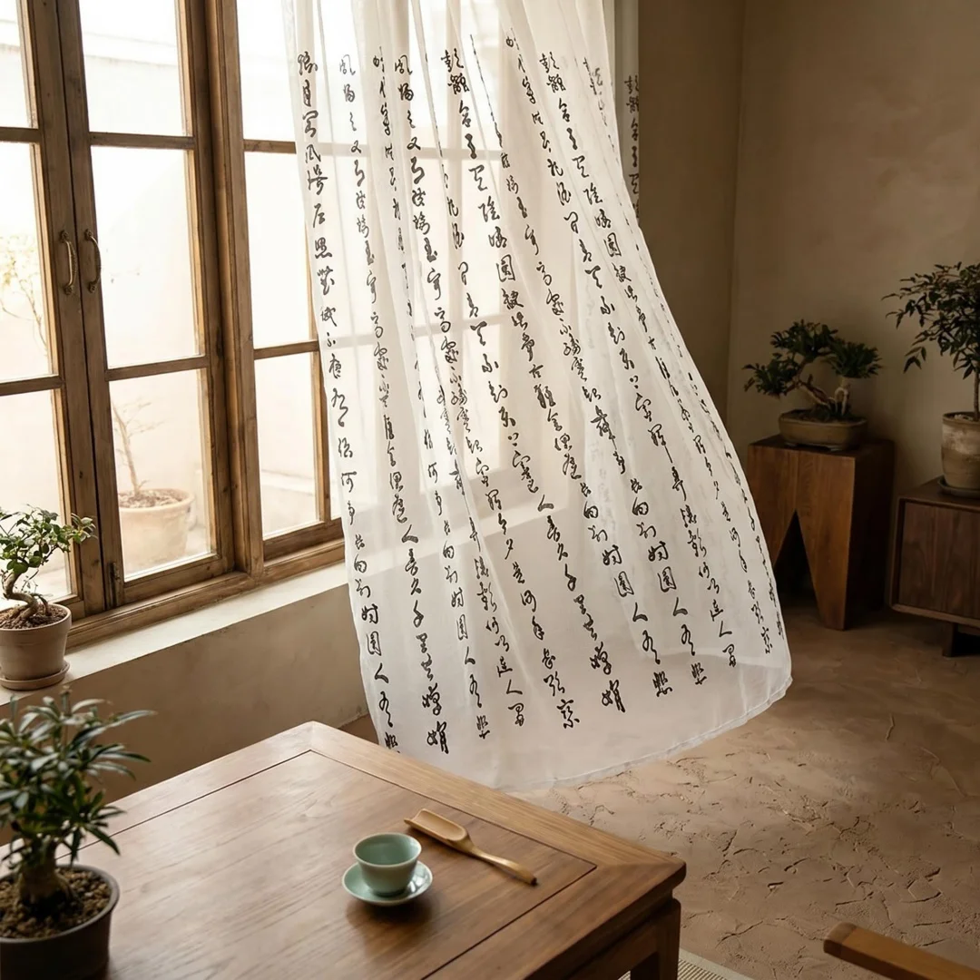 Chinese-style living room tea room window screen calligraphy yarn Young Mermaid black printed yarn