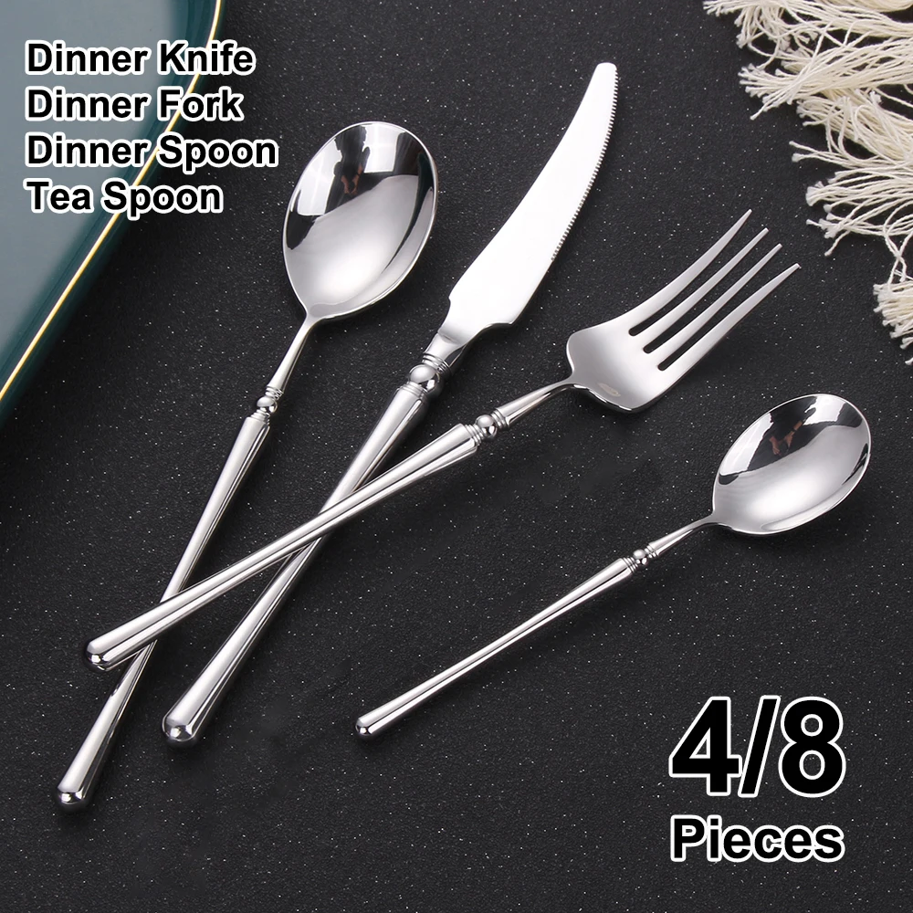 Stainless Steel Gold Cutlery Western Tableware Matte Sliver Dinner Set Mirror Knife Fork Spoon Elegant Flatware 4 Pcs 8 Pcs