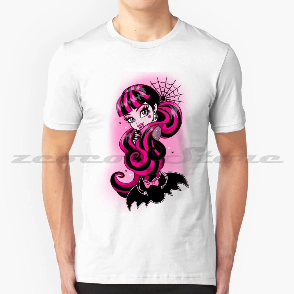 Draculaura Pink Print T-Shirt 100% Cotton Comfortable High-Quality Draculaura Monster High Frankie Stein Clawdeen Wolf Cartoon