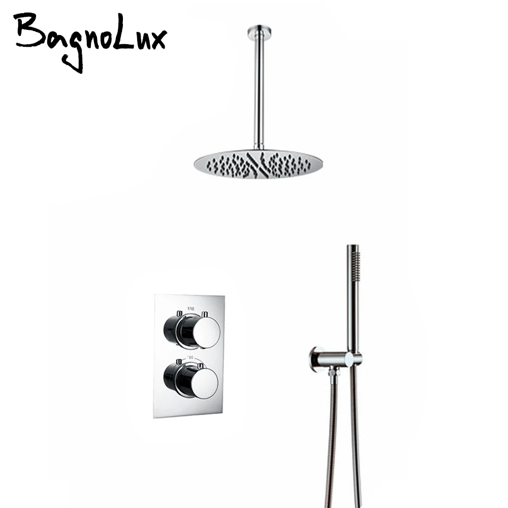 

Ceiling Arm Polished Chrome Thermostatic Shower Faucet Diverter Mixing Valve 8/10/12/16 Inch Bathroom Tap Hot And Cold System