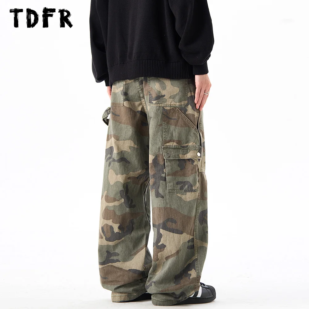 Camouflage Carpenter Pant  Mens Multi-Pocket Safari Style Loose Straight-leg Pants Men Wide leg Trousers