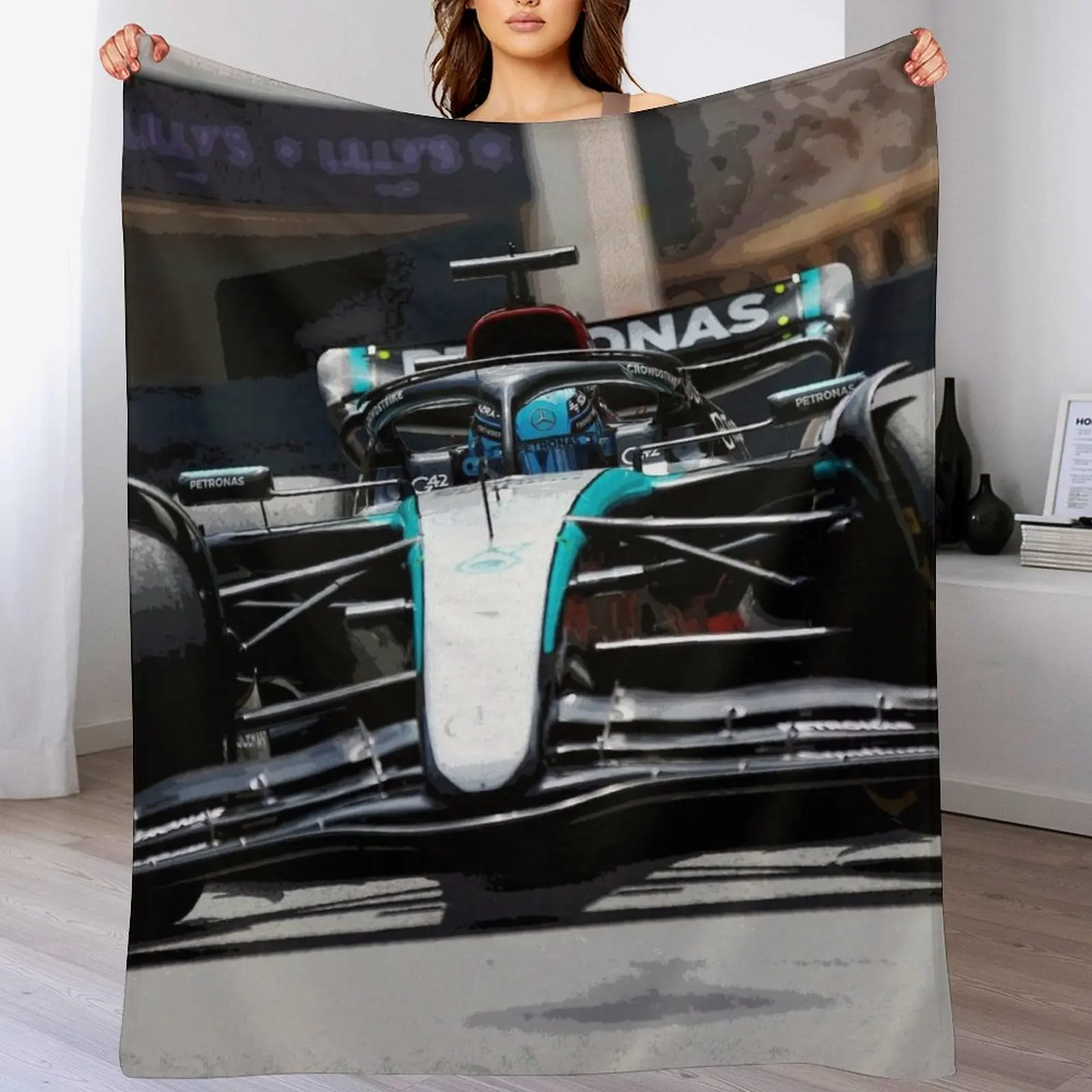 

George Russell racing his 2024 F1 racecar from the front abstract Throw Blanket Extra Large Throw Shaggy Softest Blankets