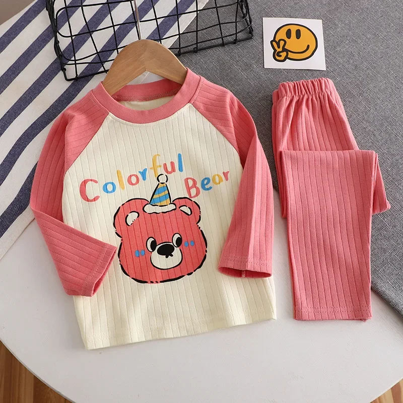 Pyjama chaud à col rond pour bébé garçon et fille, ensemble de sous-vêtements, t-shirt, pantalon, dessin animé, animal, mignon, automne, nouveau