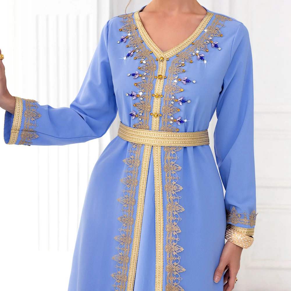 

Luxury Diamonds Abaya Women Muslim Maxi Dress Belted Gulf Jalabiya Dubai Turkey Kaftan Islamic Clothing Eid Mubarak Robe Caftan