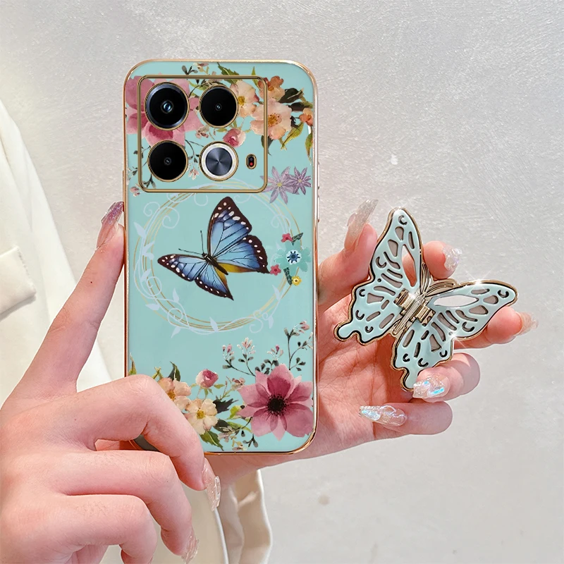 N ote 40 Flower Butterfly Plating Holder Phone Case For Infinix Note 40 30 11 40Pro GT20Pro 11Pro 12Pro 30Pro Hot 12 30 40 Cover