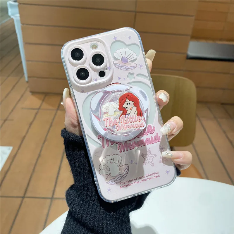 Cute Cartoon Disney Mermaid Ariel Princess Bracket Magsafe Magnetic Wireless Charge Case For iPhone 15 14 Pro Max 12 13 16 Cover