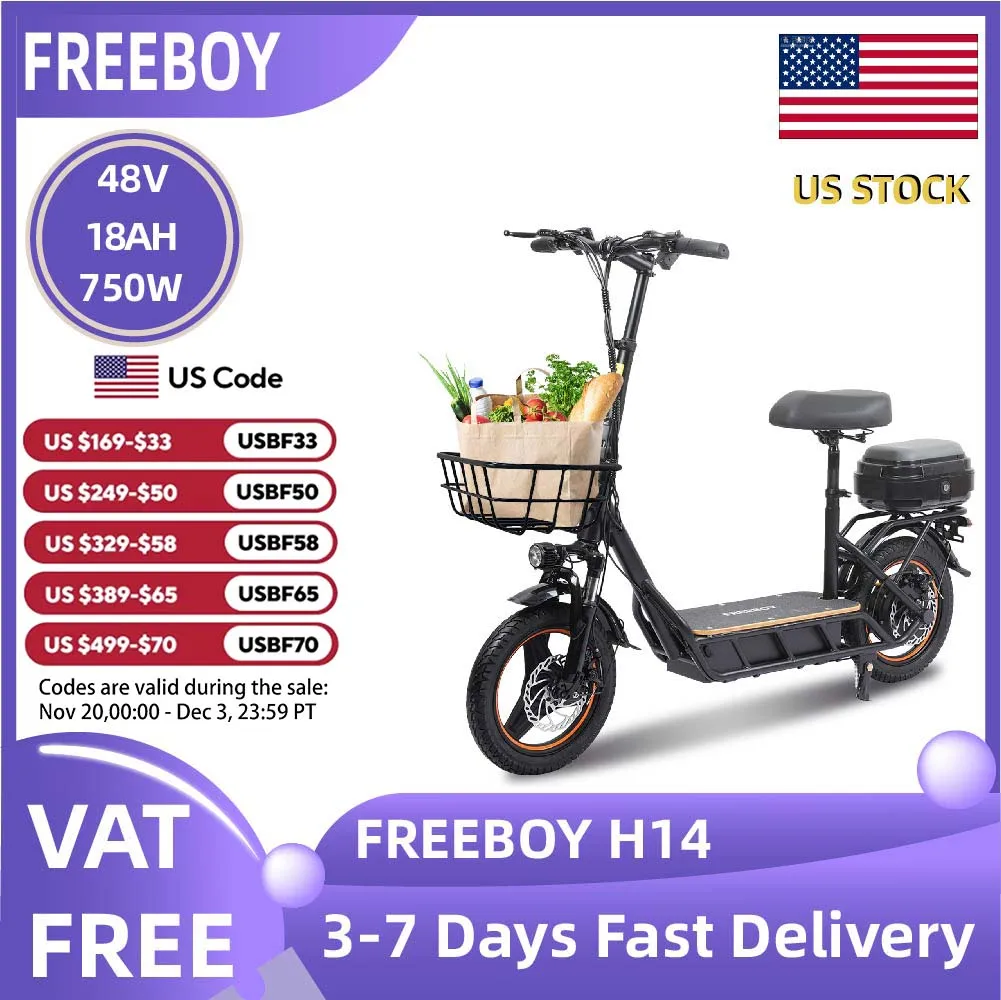 

FREEBOY H14 Adult Electric Scooter 750W Motor 48V 18AH Folding E-Scooter 14 Tire city eScooter