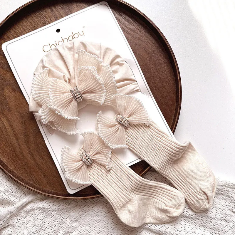 Princess Baby Turban Cap Socks Set Sweet Bow Flower Girl Indian Caps Soft Cotton Socks Newborn Photography Props Headscarf Caps