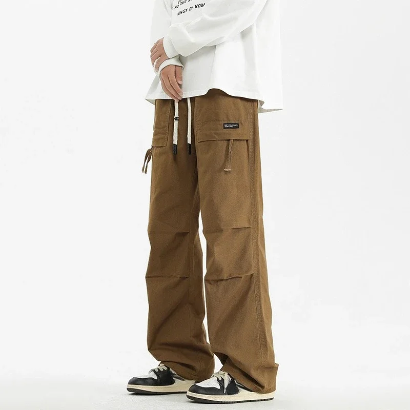 

Мужские повседневные брюки-плиссе 2025 года: модные, однотонные, свободные, широкие, прямые, на шнурке, базовые, простые