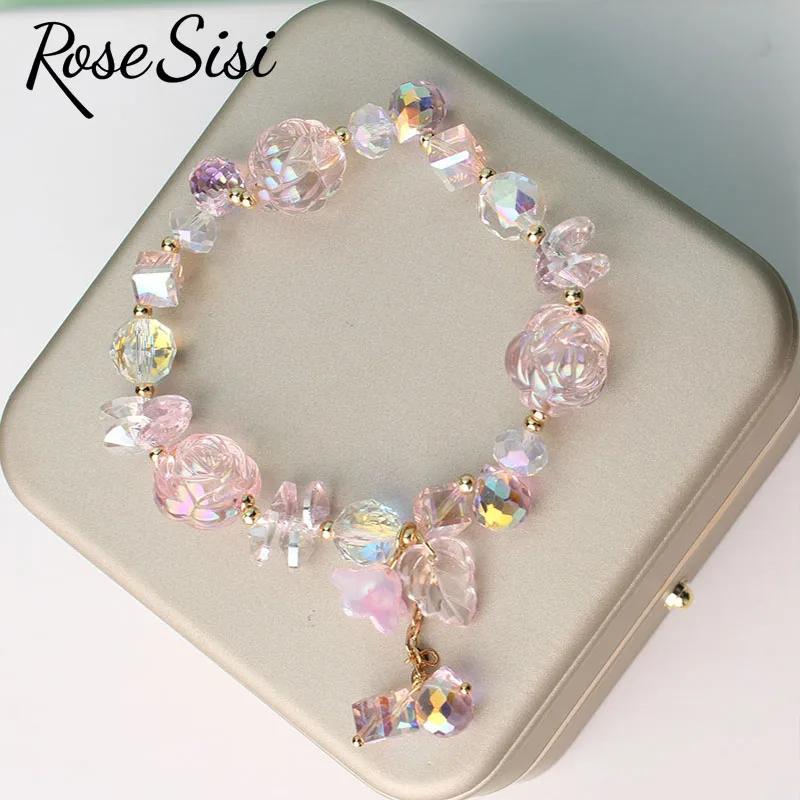 Rose sisi Korean style fresh holiday Crystal bracelet for women rose charm jewelry for women elastic hand rope Campanula pendant