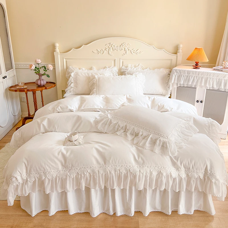 

4/6 шт., белый, розовый, 100% хлопок, комплект постельного белья принцессы, романтический шифон, кружево, оборки, пододеяльник, комплект постельного белья, юбка, покрывало, наволочки