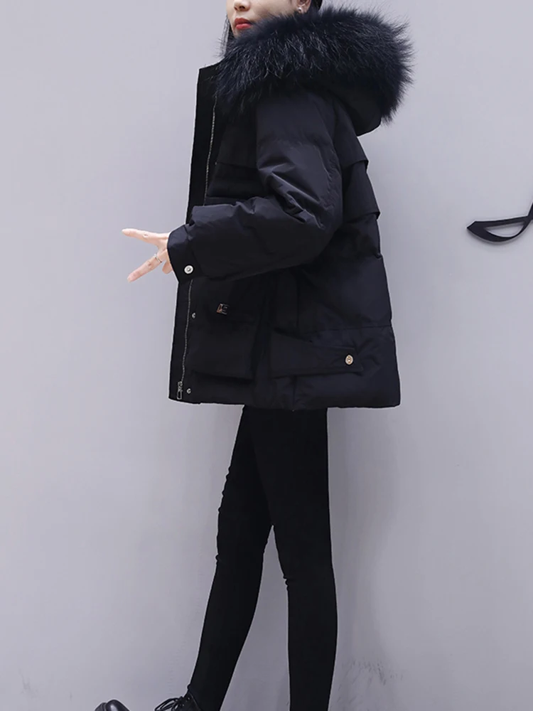 Winter Natural Large Fur Collar Hooded Down Jacket Women White Duck Down Multi Pocket Parker Outwears Female Zipper Warm Jackets