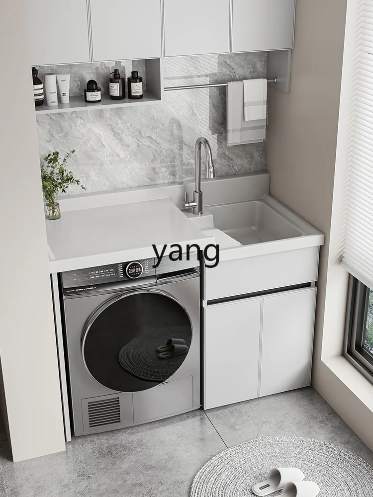 Yjq  balcony washing machine cabinet high and low integrated basin combination quartz stone laundry pool with rubbing board