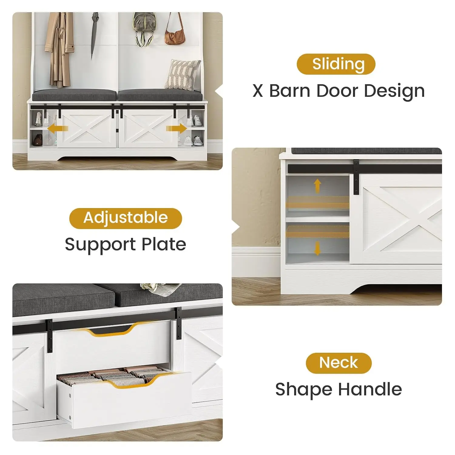 Hall Tree with Bench and Shoe Storage, Entryway Bench with Coat Rack, Modern Farm House Barn Door 3-in-1 Hall Tree, Customized