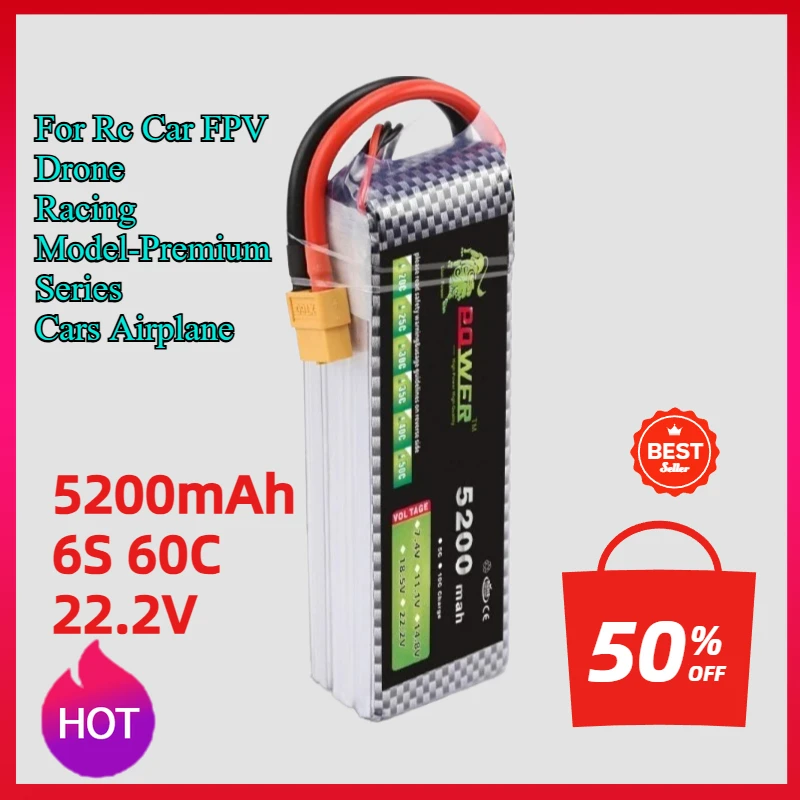 Batería LiPo de 5200mAh 6S 60C 22,2 V para coche RC Dron con visión en primera persona modelo de carreras serie Premium con enchufe T XT60 XT90 paquete de batería de avión