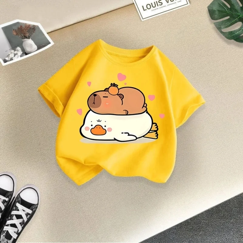 Summer 2026 Capibala Printed New Children's Pure Cotton Round Neck Short Sleeved T-shirt Fun Parent Child T-shirt