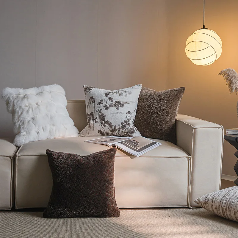 Wabi-Sabi Pillow Cover Set | Chinese Ink Painting Print & Boucle Cushion Cases | Minimalist Neutral Tone Sofa Bedroom Decor