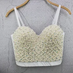 Women Sexy Boho Tank Tops Pearl Beading Handmade Fashion Women Crop Tops Female Women Summer Sexy Club Wear Camis