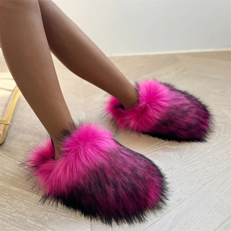 Women Fur Slippers Woman Fluffy Raccoon Fox Fur Slides Female Furry Outside Flat Flip Flop Ladies Rainbow Slip On Sandals