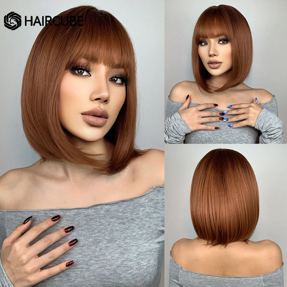 HAIRCUBE Short Straight Synthetic Wigs Brown Amber Bob Wigs for Women With Bangs Natural Hair Daily Lolita Heat Resistant Wigs