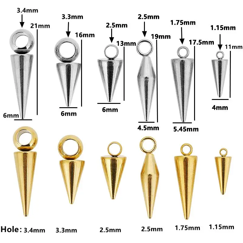 10PCS Stainless Steel Cone Charms Pendants Retro Bullet Spike Beads Charms for Women Man Hoop Earring Necklace Jewelry Making