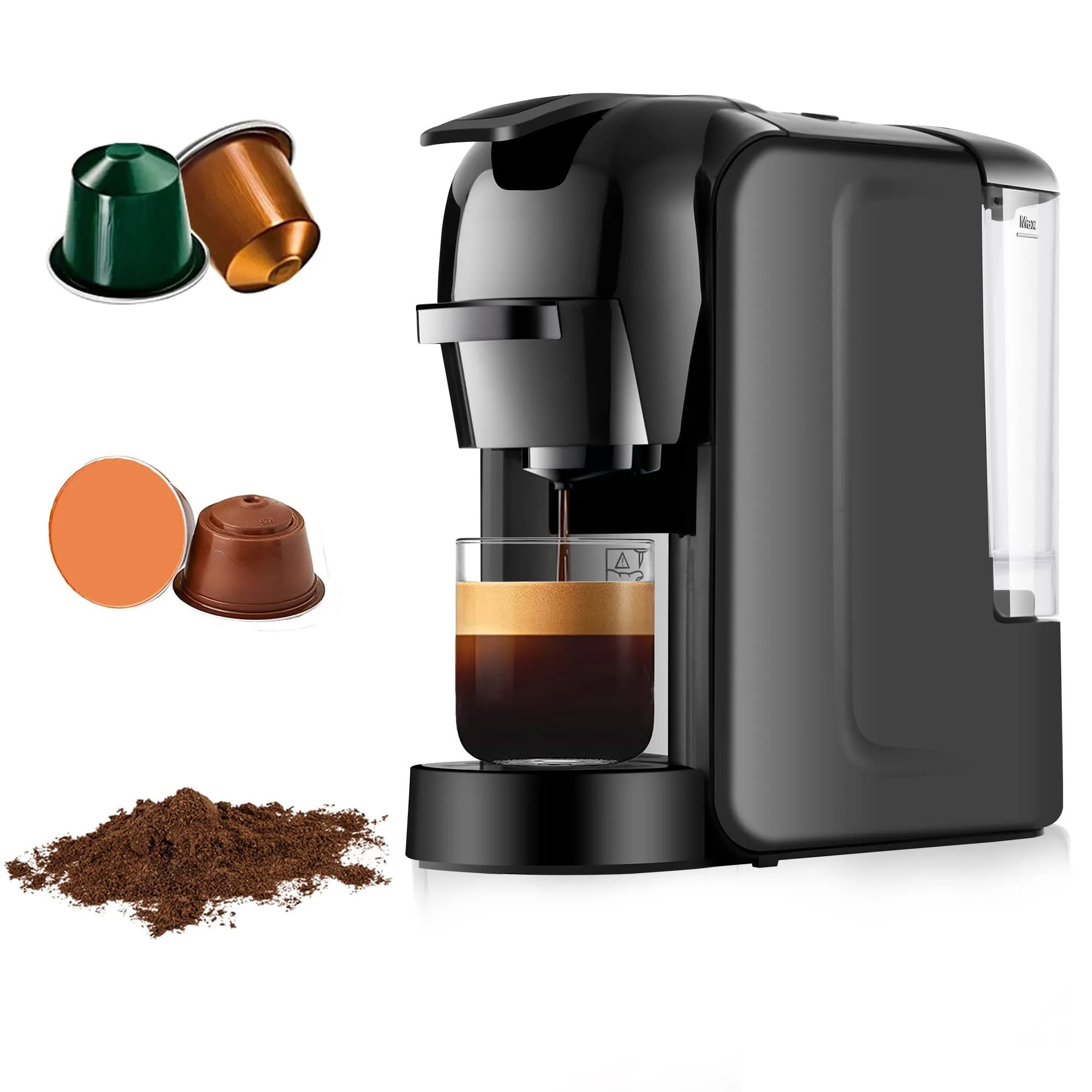 new 3 in 1 Multi Capsule Espresso Machine Compatible with Nespresso Original Dolce Gusto and Ground Espresso for Home with Spoon