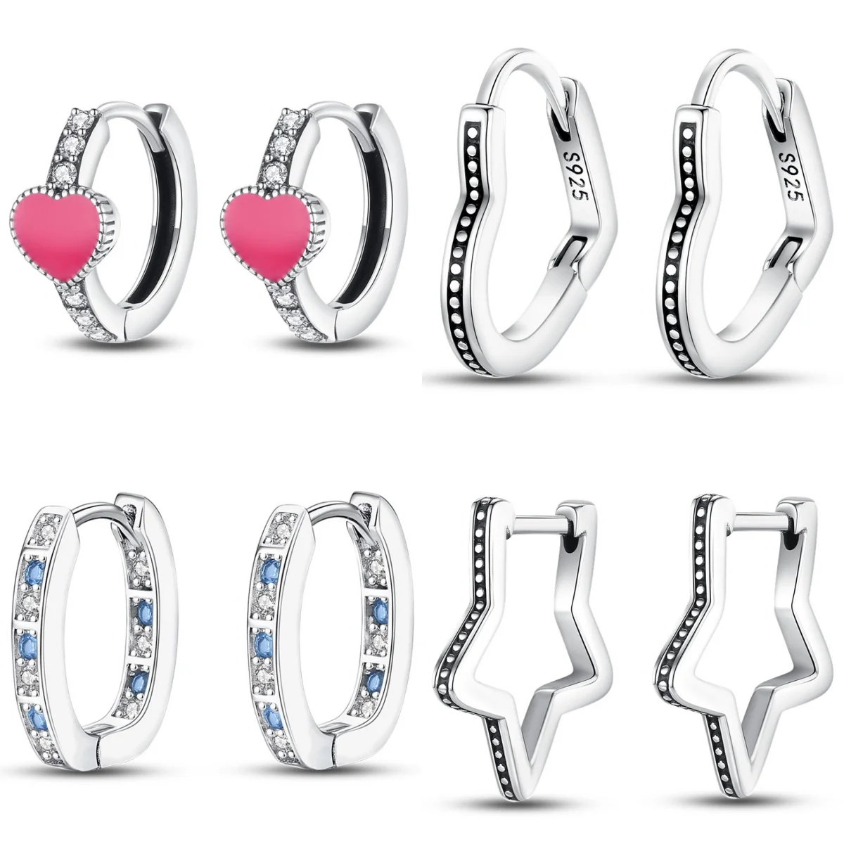 

S925 Sterling Silver Hoop Earrings – 4 Pairs with Heart/Wave/Star/Blue CZ Designs, Hypoallergenic Stackable Jewelry for Women