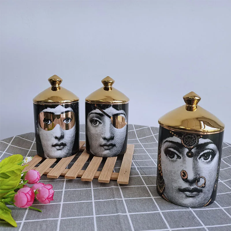 Vintage Female Portrait Storage Tank with Gold Lid Diy Candle Holder Beauty Dressing Brush Pen Box Ceramic Jar Candy Spice Tin