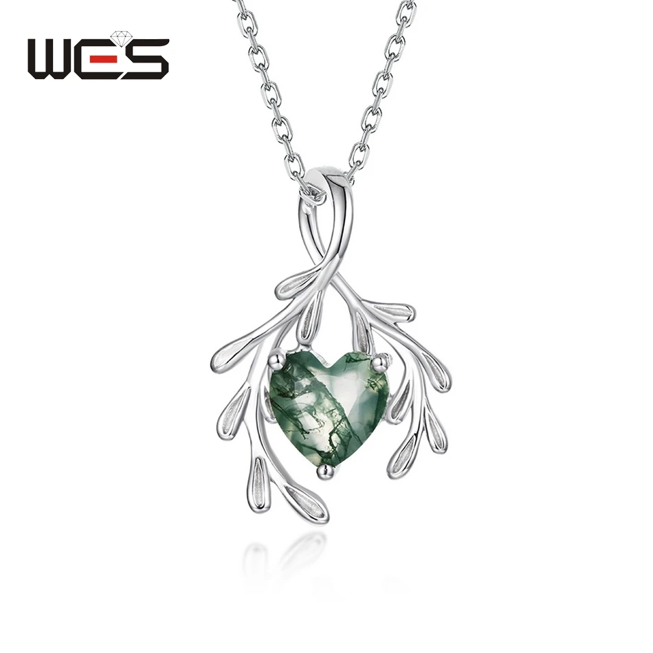 

WES 100% серебро 925 пробы, натуральный уникальный кулон в стиле бохо, мох, агат, ожерелье для женщин, ветка листа, ювелирные изделия, подарок на помолвку, оптовая продажа