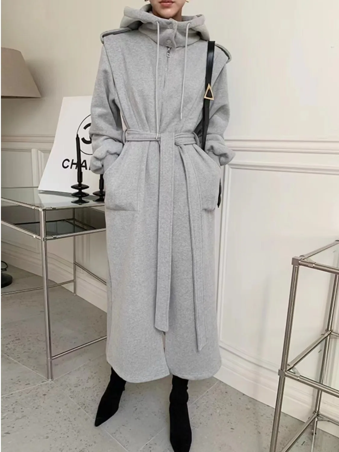 코트 스타일 후드티 후드티 코트 스타일 긴 길이 끈 디테일 지퍼 두꺼운 높은 목 후드티 후디 후드티 후디 후드티