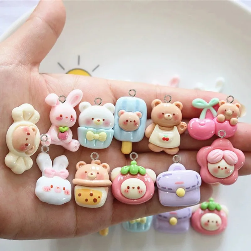10Pcs Kawaii Cartoon Bear Rabbit Resin Charms Flatback Animals Earrings Keychain Pendant for Jewelry Making DIY Crafts Accessory