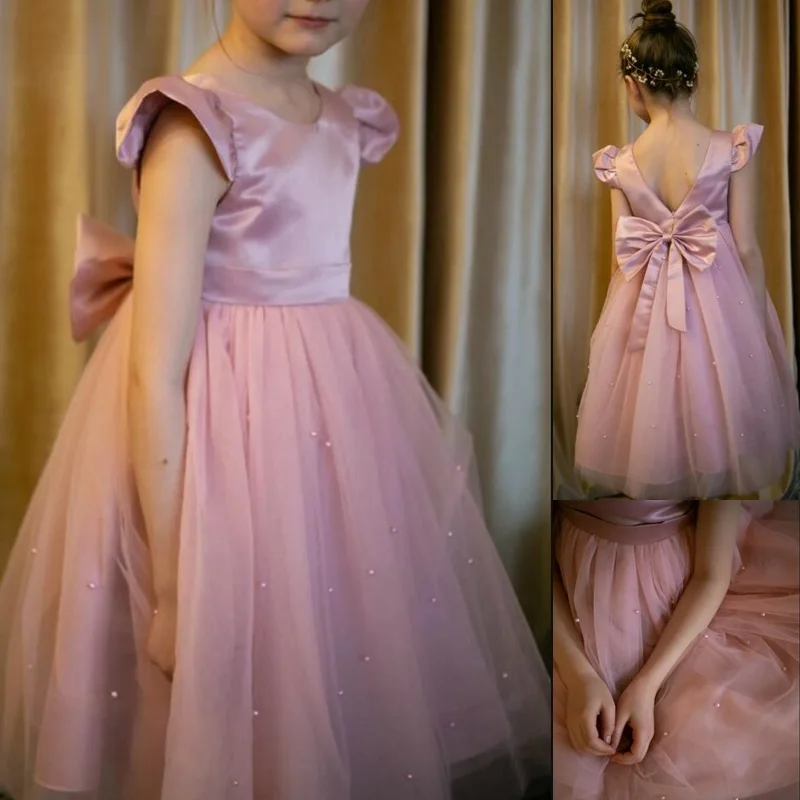 2024 New Summer Backless Baby Girl Party Dress Lace Peals Tulle Tutu Flower Girl Dresses for Weddings Bow Elegant Children Gown