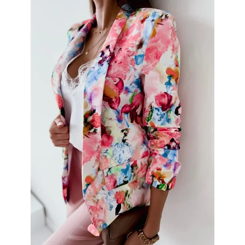 Women\'s Spring and Summer Printed Jacket Long Sleeved Suit Collar Pocket Top Casual Loose Commuting Top Fashionable Jacket