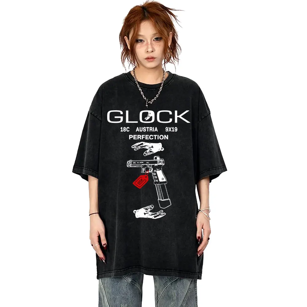 

Tactical Army Fan Club Outdoor Training Competition Glock Graphic Washed T-shirt Men Women Fashion Casual Oversized Streetwear