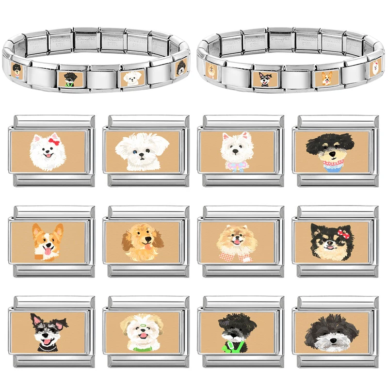 Y2k Wholesale Women Cute Cartoon Dog Golden Retriever Corgi Italian Charm Fit 9mm Stainless Steel Bracelet Jewelry DIY Making