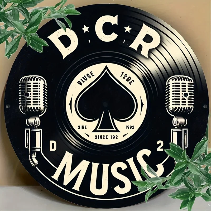 1pc Round Aluminum Metal Sign, Vintage Microphone Ace of Spades Foil Engraved, Pre-drilled Dorm Wall Decor