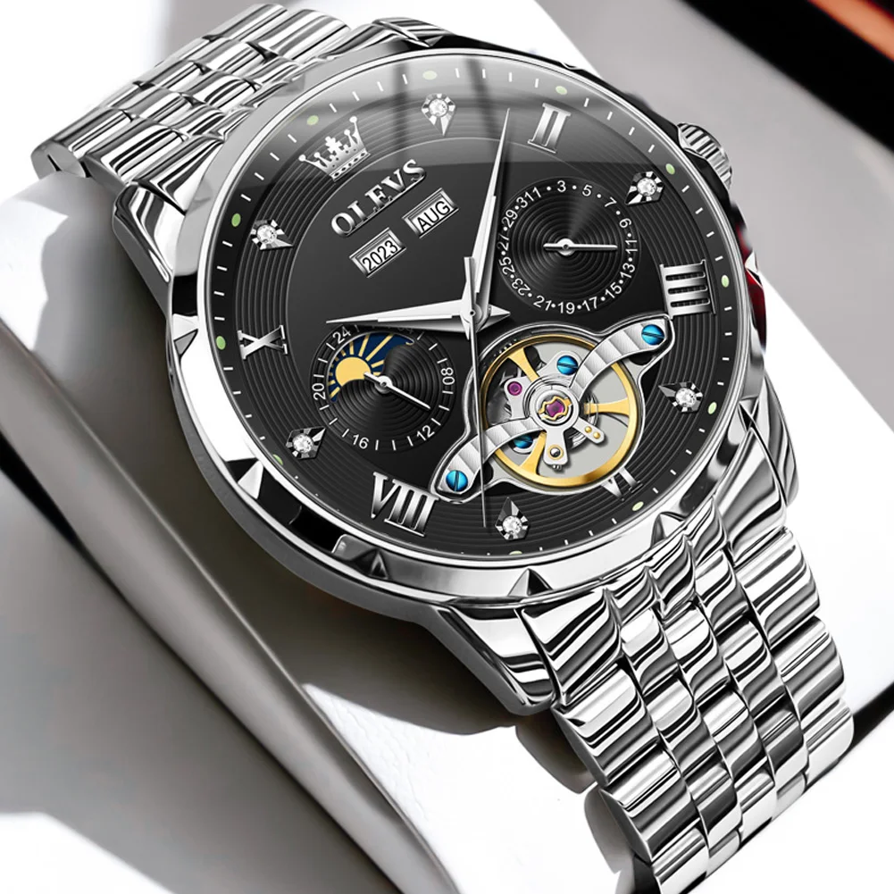 OLEVS 6691 Herrenuhr Luxus Business Original Schwungrad Automatische mechanische Uhr für Mann Ewiger Kalender Mondphase Leuchtend 7