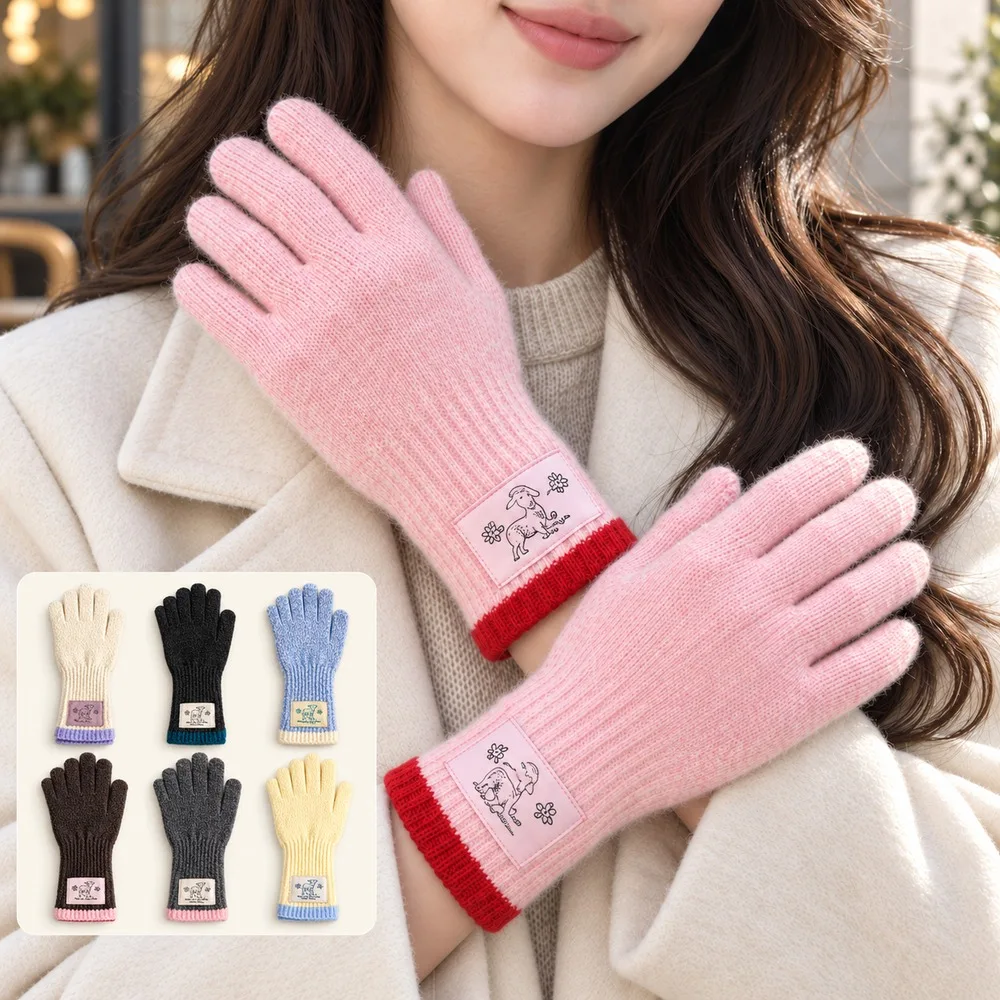 Women Winter Knit Gloves Full Finger Long Ribbed Cuff Contrast Trim Autumn Outdoor Walking Commuting Hand Warmers