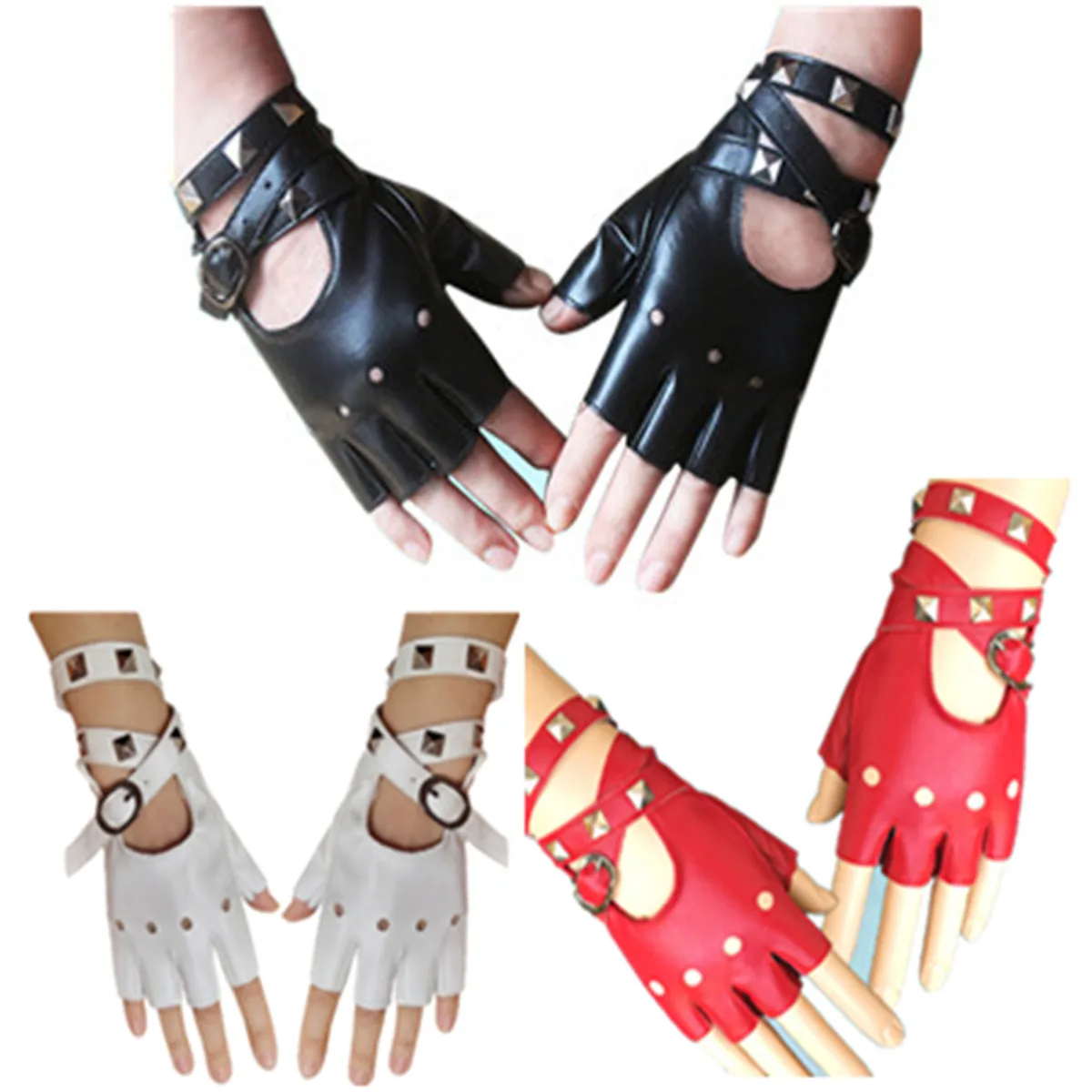 One Paid Ladies Hollow Out Long Belt Rivet PU Half Finger Gloves Street Dance Performance