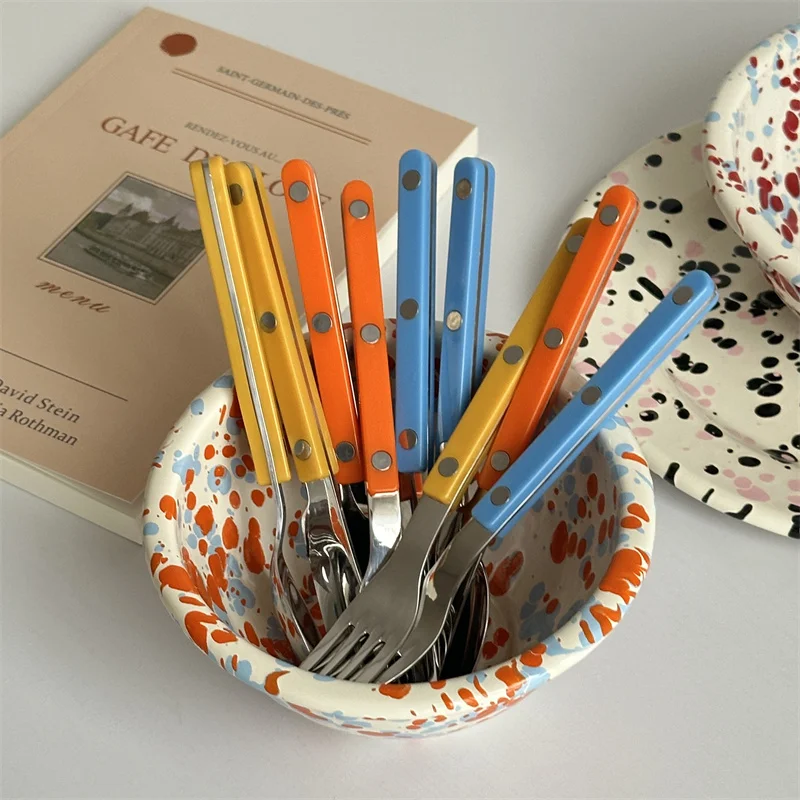 Korean Style Orange Blue 304 Stainless Steel Western Cutlery Steak Knife Fork Spoon Three Piece Set Butter Jam Butter Knife