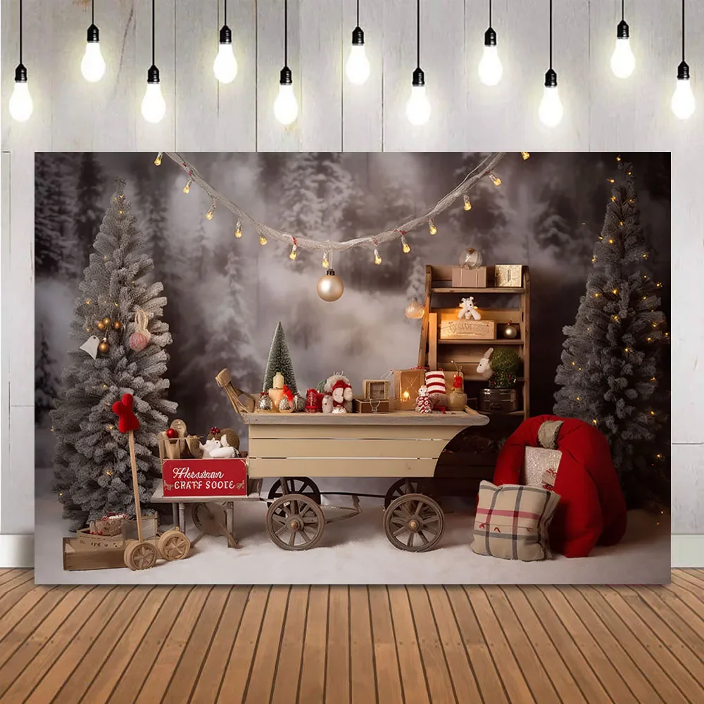 Christmas Winter Scene Backdrop for Photography Vintage Wooden Trolley Children Portrait Background for Photographic Studio