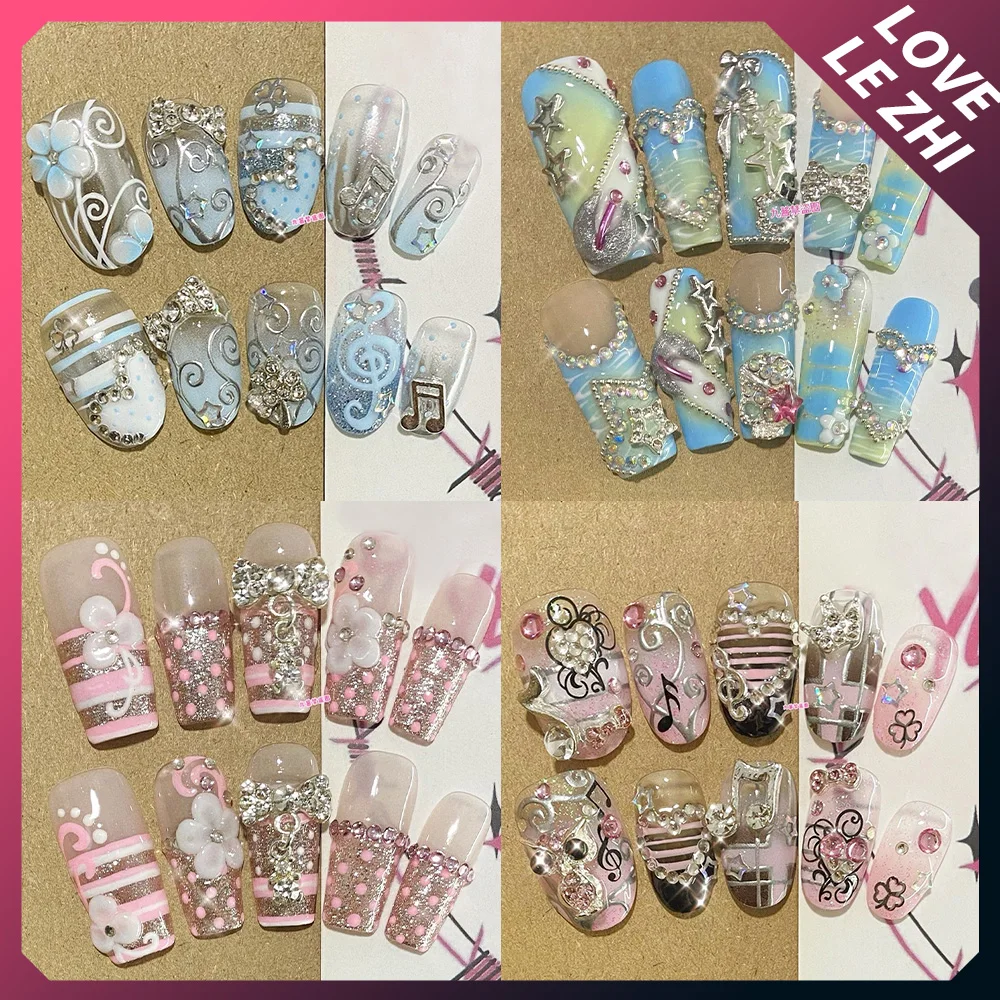 

Y2K Retro Musical Notes Dots Stripes Elliptic Trapezoid Nail Art 3D Star Bowknot Diamond Flower Fake Nail Hand Accessories Gift