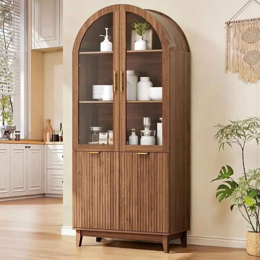 71 Walnut Arched Glass Door Kitchen Pantry Cabinet with Adjustable Shelves for Dining or Living Room